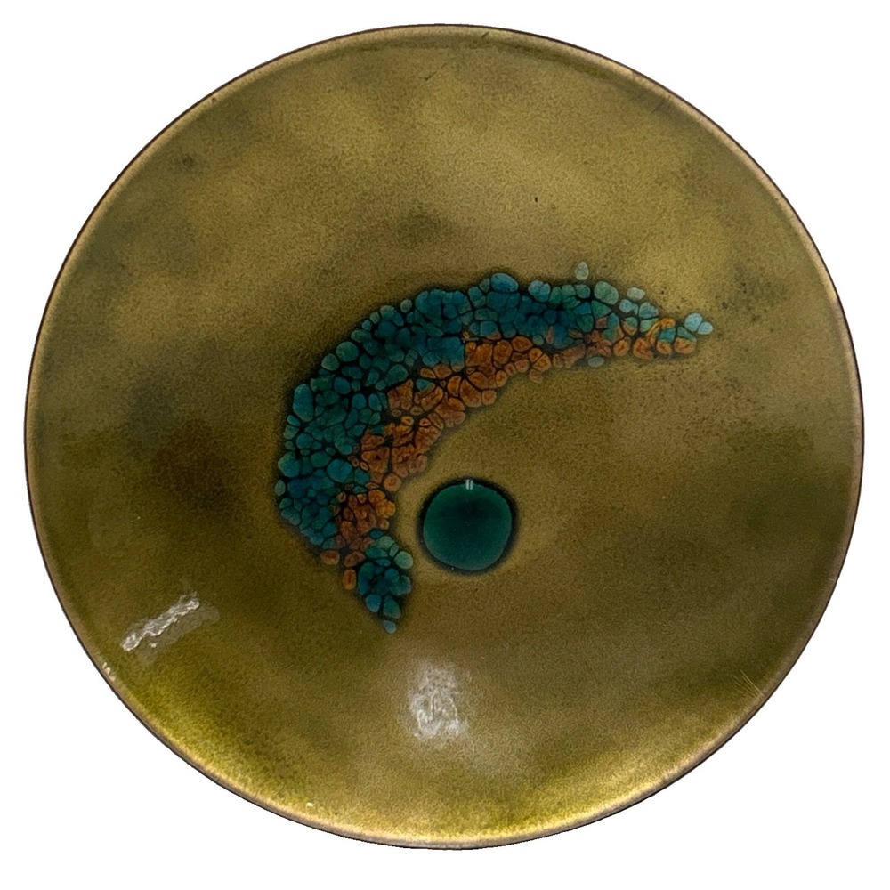 1960s MCM Bovano of Cheshire Chartreuse & Turquoise Enamel on Copper 9" Dish